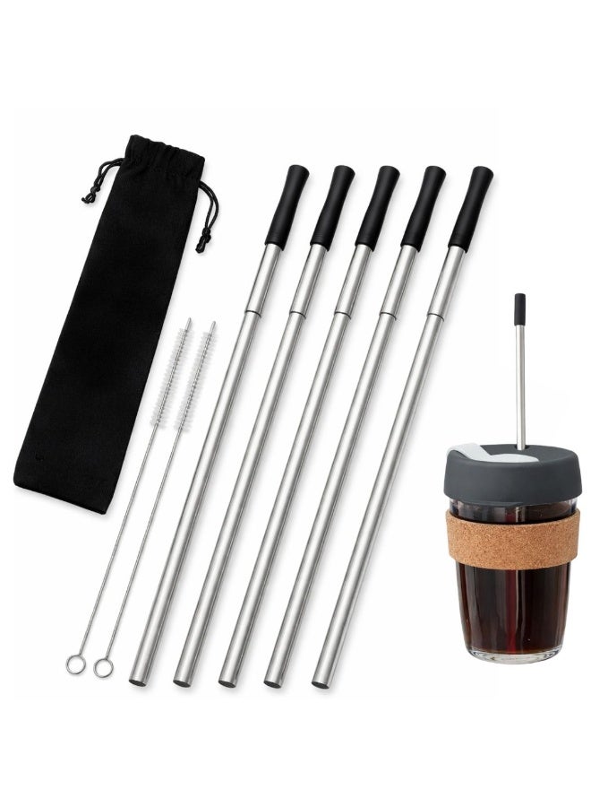 قش قابل لإعادة الاستخدام مع فرشاة تنظيف، قش شرب من الفولاذ المقاوم للصدأ مقاس 21 سم مع طرف سيليكون قابل للإزالة، صديق للبيئة، فرشاتان للتنظيف وحقيبة حمل (عبوة من 5 قطع)